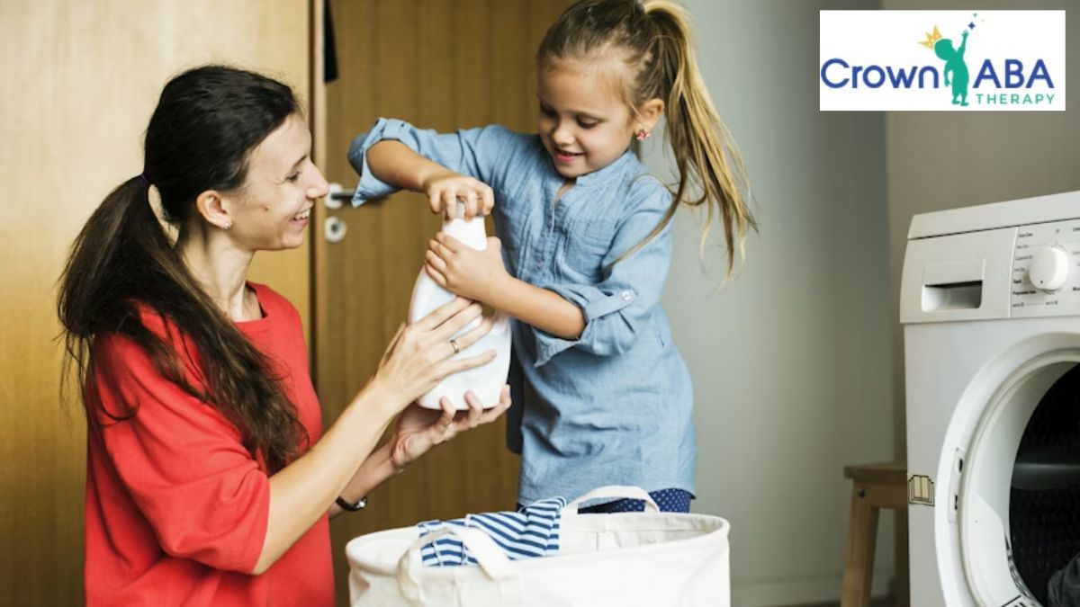 ABA therapy in Maryland: a child completes chores in the laundry room area.