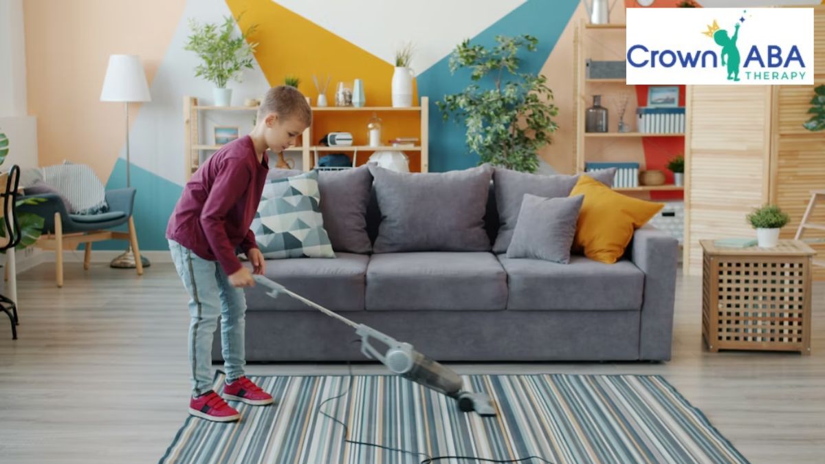 ABA therapy in Maryland: a young child vacuums the living room area.